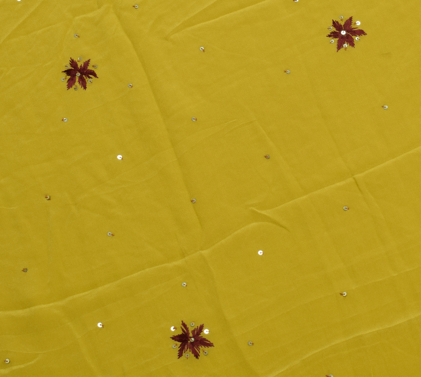 Sushila Vintage Mustard Sari Remnant Scrap Pure Crepe Hand Beaded Craft Fabric