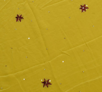 Sushila Vintage Mustard Sari Remnant Scrap Pure Crepe Hand Beaded Craft Fabric