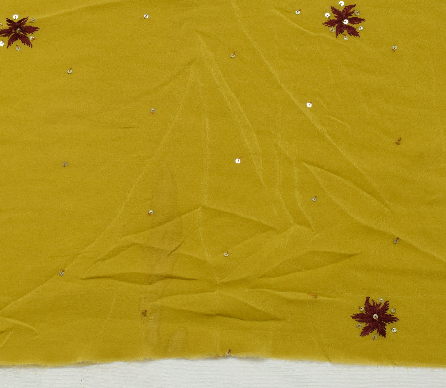 Sushila Vintage Mustard Sari Remnant Scrap Pure Crepe Hand Beaded Craft Fabric