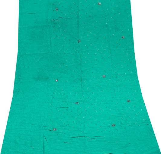 Sushila Vintage Green Sari Remnant Scrap Pure Chiffon Hand Beaded Craft Fabric