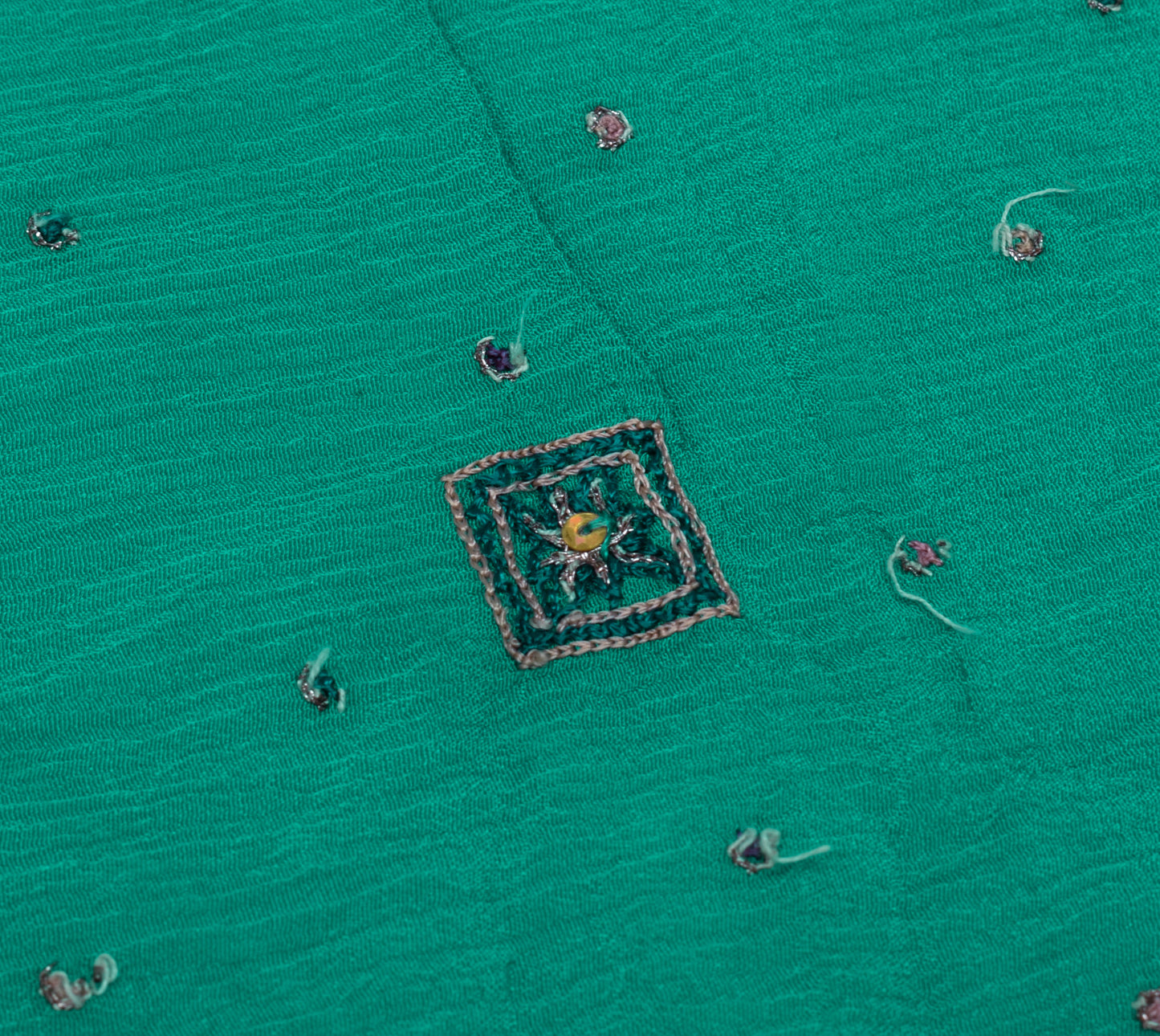 Sushila Vintage Green Sari Remnant Scrap Pure Chiffon Hand Beaded Craft Fabric