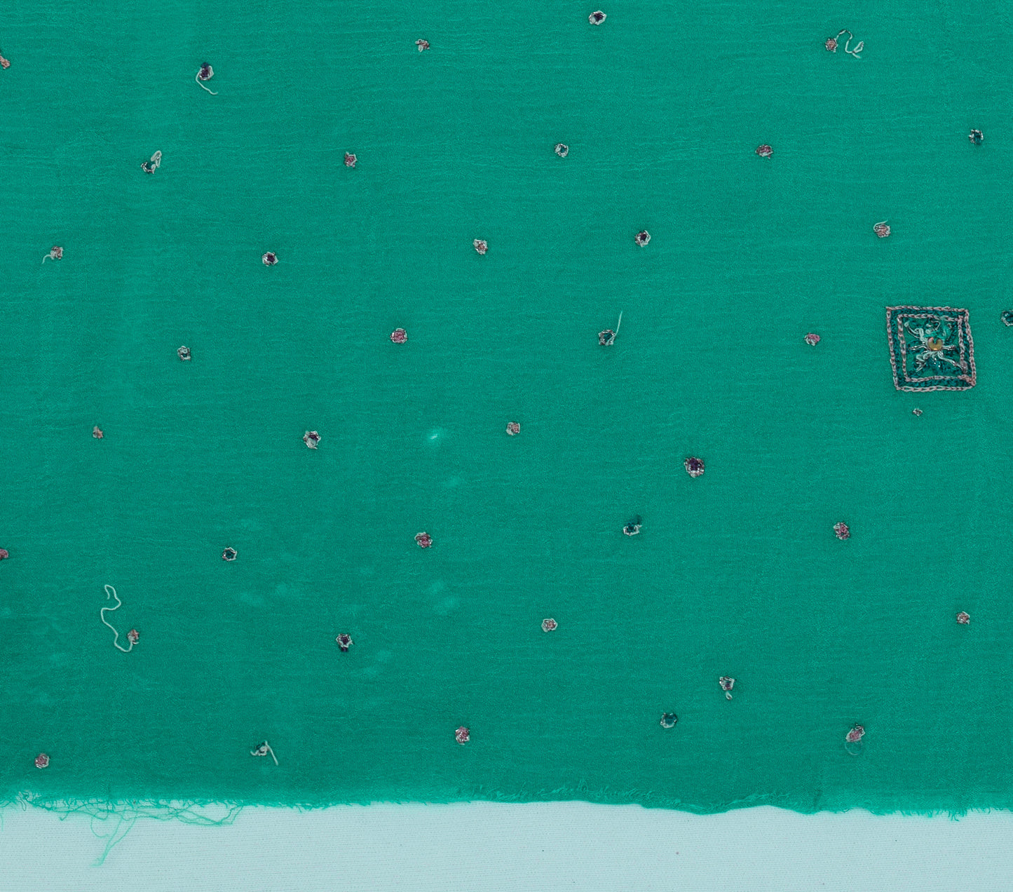 Sushila Vintage Green Sari Remnant Scrap Pure Chiffon Hand Beaded Craft Fabric
