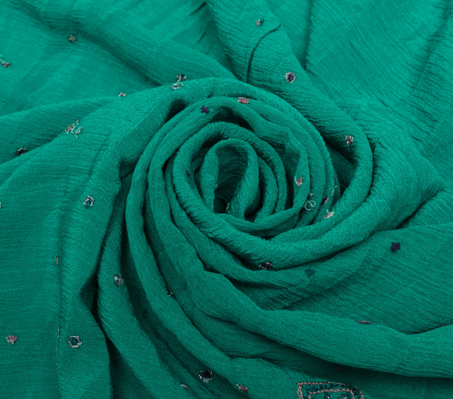 Sushila Vintage Green Sari Remnant Scrap Pure Chiffon Hand Beaded Craft Fabric