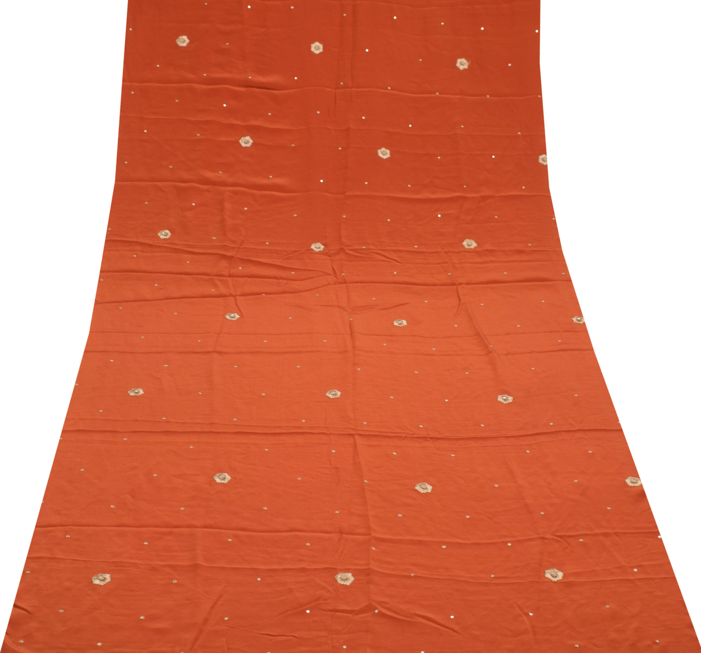 Sushila Vintage Rust Sari Remnant Scrap Pure Crepe Silk Embroidered Craft Fabric