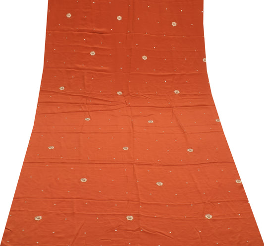 Sushila Vintage Rust Sari Remnant Scrap Pure Crepe Silk Embroidered Craft Fabric