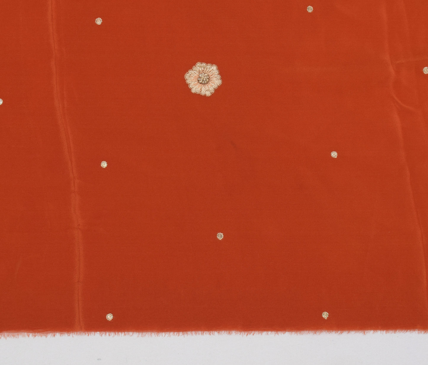 Sushila Vintage Rust Sari Remnant Scrap Pure Crepe Silk Embroidered Craft Fabric