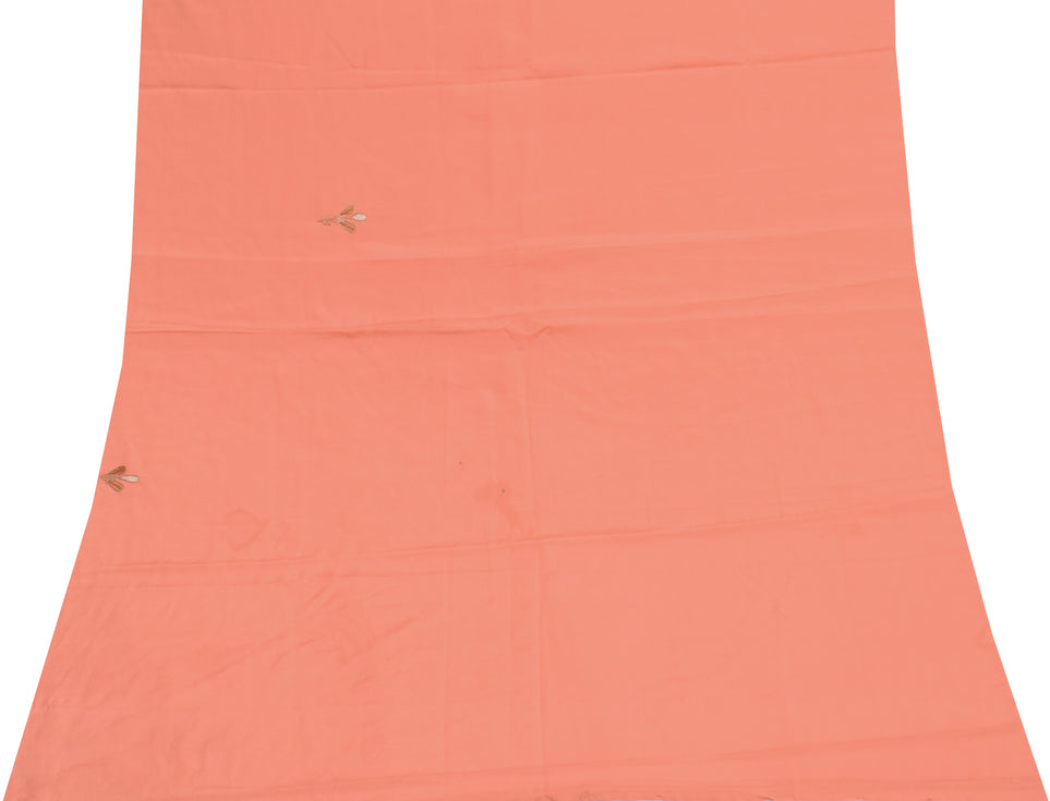 Sushila Vintage Peach Sari Remnant Scrap Blend Silk Embroidered Craft Fabric