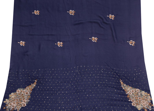 Sushila Vintage Blue Sari Remnant Scrap Blend Georgette Embroidered Craft Fabric