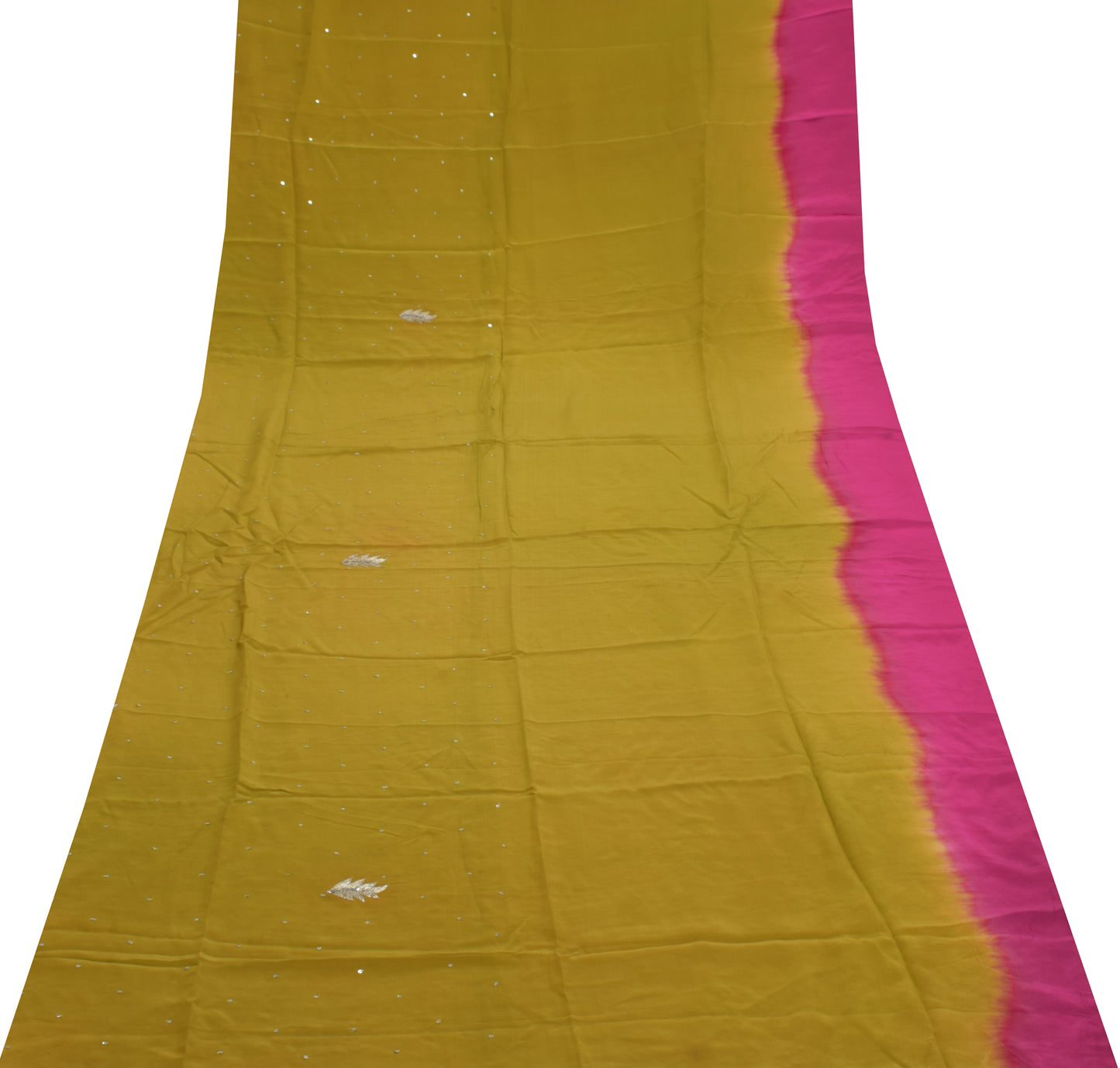 Sushila Vintage Green Sari Remnant Scrap Pure Crepe Embroidered Craft Fabric