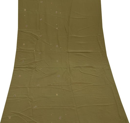 Sushila Vintage Green Indian Sari Remnant Scrap Pure Crepe Silk Craft Fabric