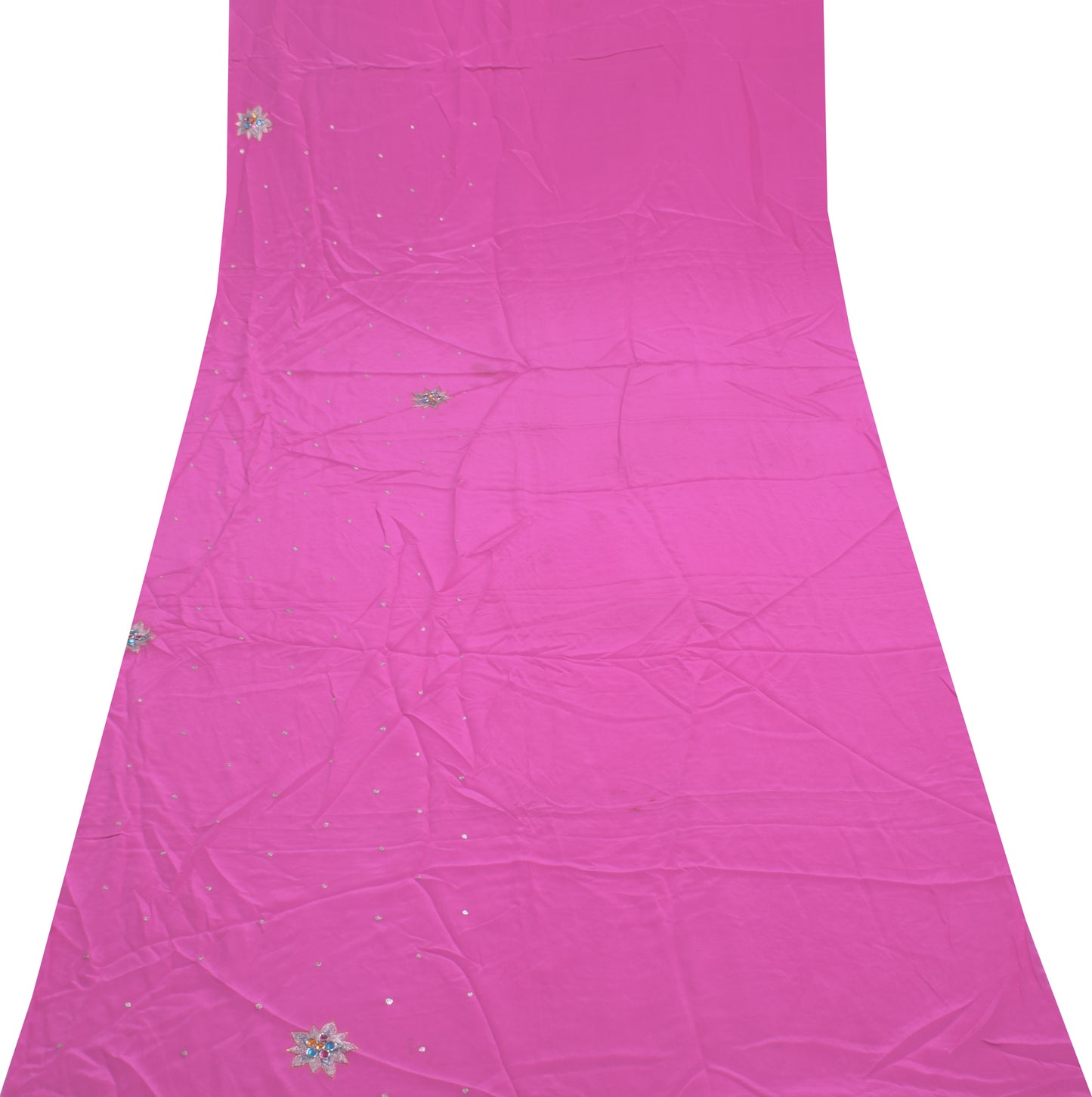 Sushila Vintage Pink Sari Remnant Scrap Pure Crepe Silk Hand Beaded Craft Fabric