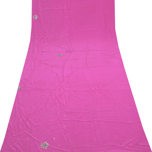 Sushila Vintage Pink Sari Remnant Scrap Pure Crepe Silk Hand Beaded Craft Fabric