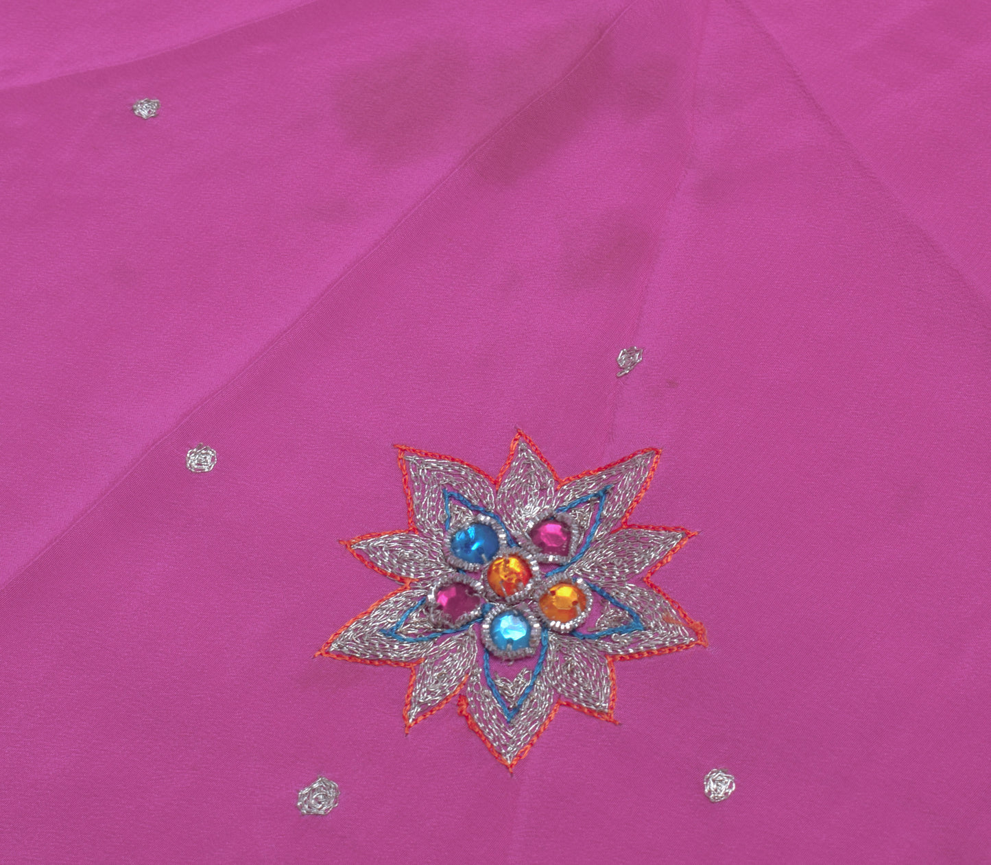 Sushila Vintage Pink Sari Remnant Scrap Pure Crepe Silk Hand Beaded Craft Fabric