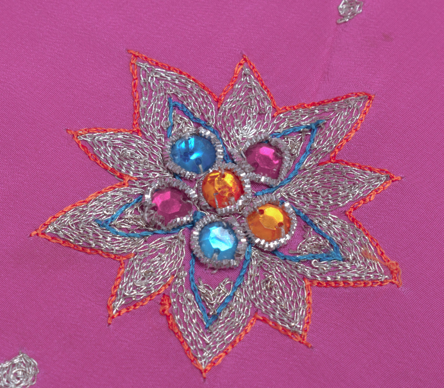 Sushila Vintage Pink Sari Remnant Scrap Pure Crepe Silk Hand Beaded Craft Fabric