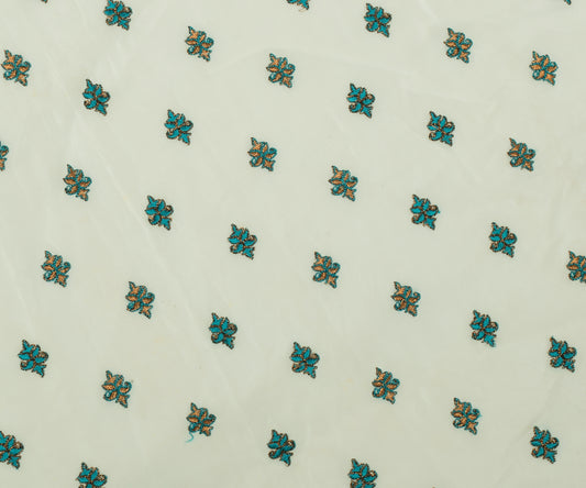 Sushila Vintage Cream Sari Remnant Scrap Pure Crepe Embroidered Craft Fabric