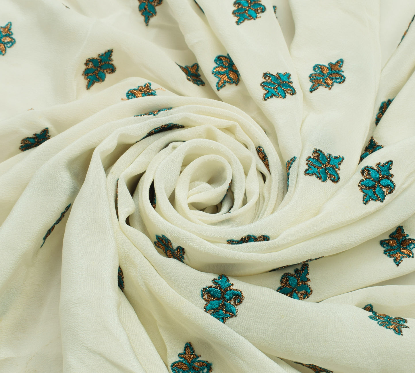 Sushila Vintage Cream Sari Remnant Scrap Pure Crepe Embroidered Craft Fabric