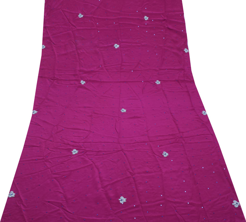 Sushila Vintage Purple Sari Remnant Scrap Pure Crepe Embroidered Craft Fabric
