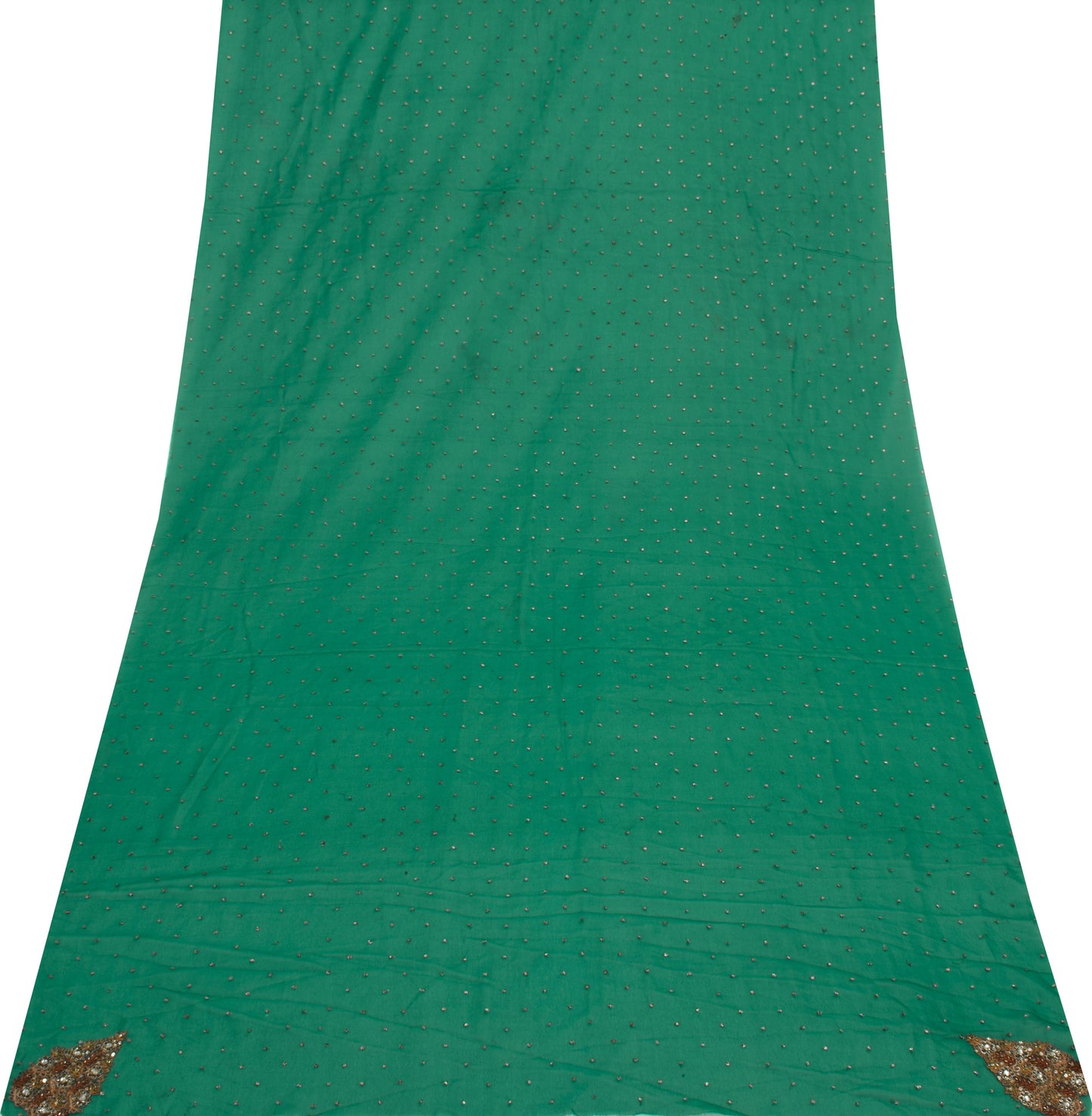 Sushila Vintage Green Sari Remnant Scrap Blend Georgette Hand Beaded  Fabric