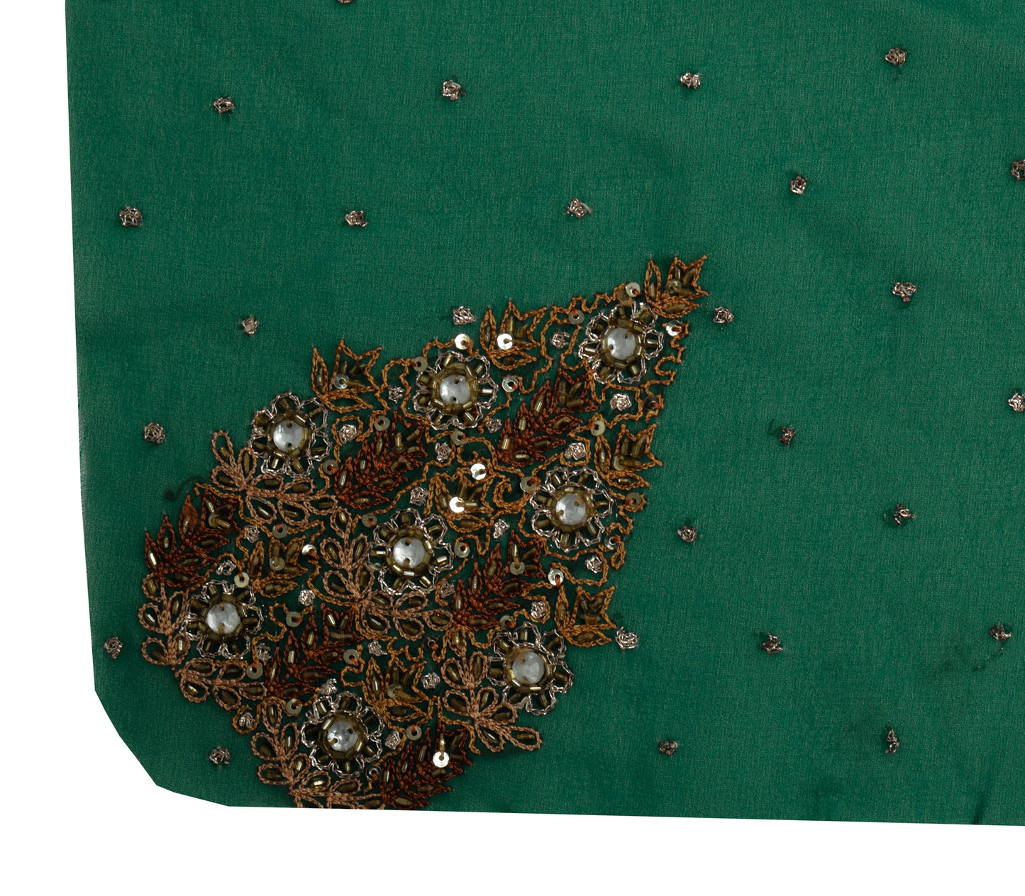 Sushila Vintage Green Sari Remnant Scrap Blend Georgette Hand Beaded  Fabric