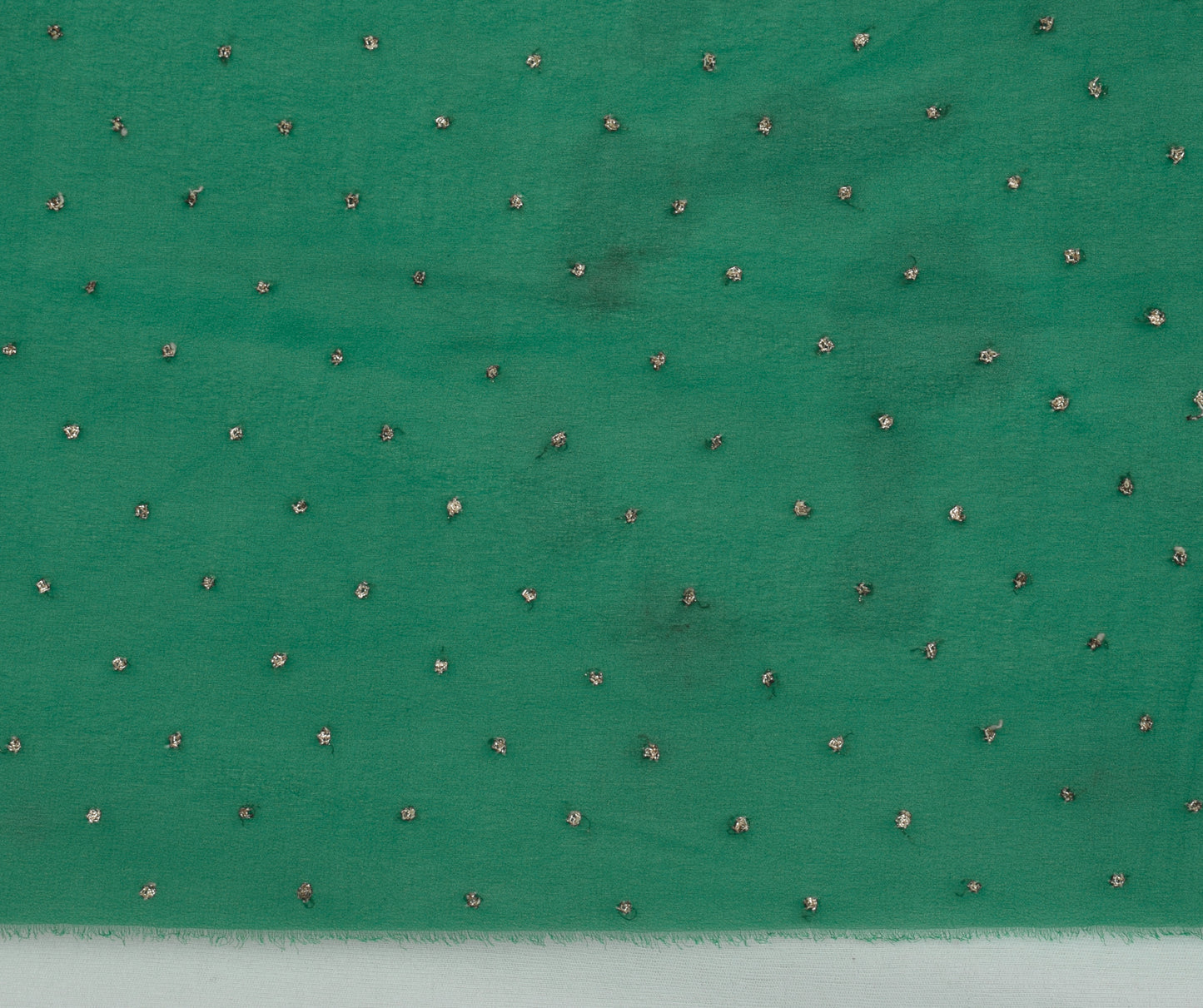 Sushila Vintage Green Sari Remnant Scrap Blend Georgette Hand Beaded  Fabric