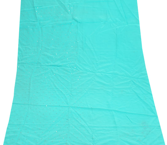 Sushila Vintage Blue Sari Remnant Scrap 100% Pure Silk Hand Beaded Craft Fabric