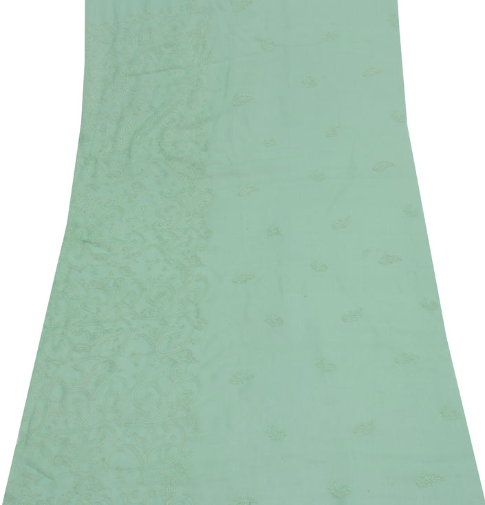 Sushila Vintage Green Sari Remnant Scrap Blend Georgette Embroidery Craft Fabric