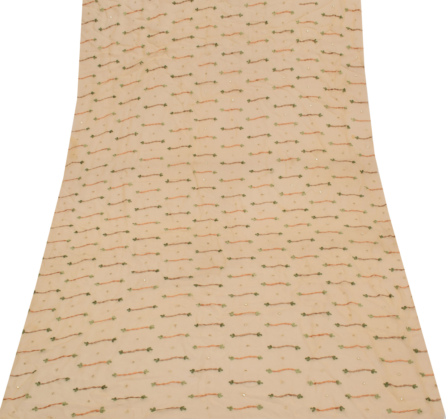 Sushila Vintage Cream Sari Remnant Scrap Pure Georgette Embroidered Craft Fabric