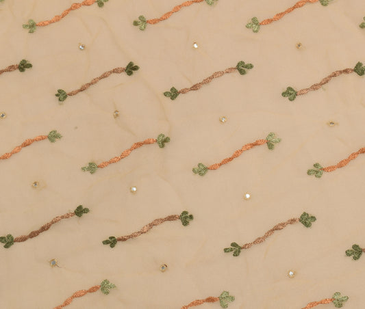 Sushila Vintage Cream Sari Remnant Scrap Pure Georgette Embroidered Craft Fabric