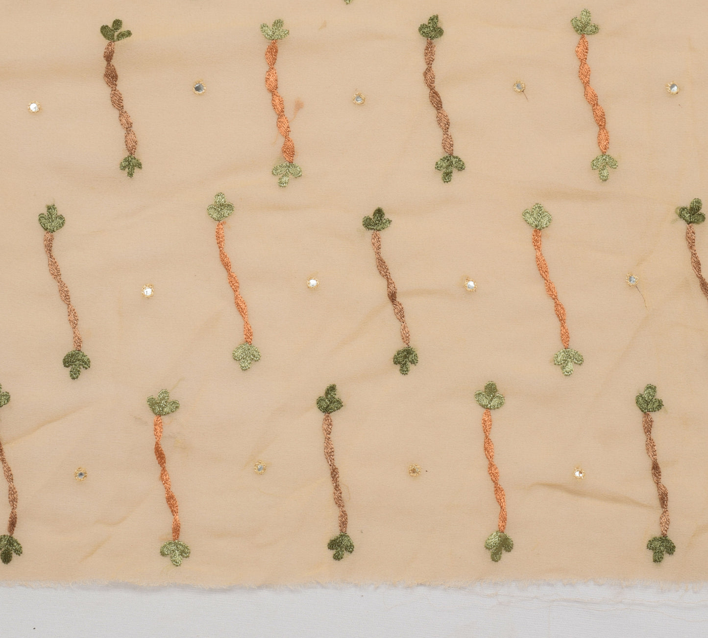 Sushila Vintage Cream Sari Remnant Scrap Pure Georgette Embroidered Craft Fabric