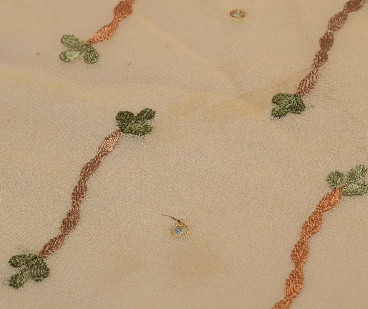 Sushila Vintage Cream Sari Remnant Scrap Pure Georgette Embroidered Craft Fabric