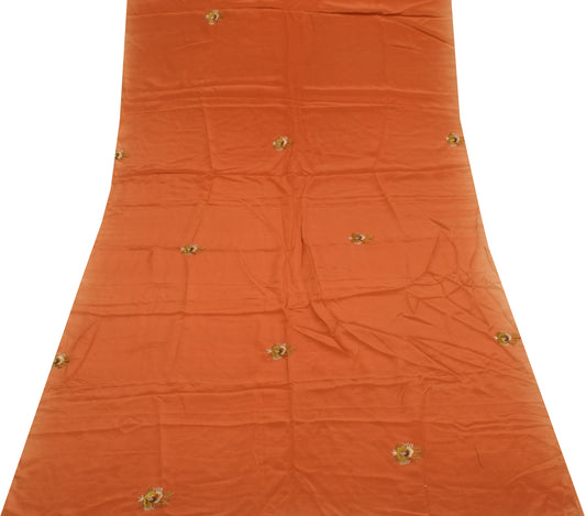 Sushila Vintage Rust Sari Remnant Scrap Pure Crepe Embroidered Craft Fabric