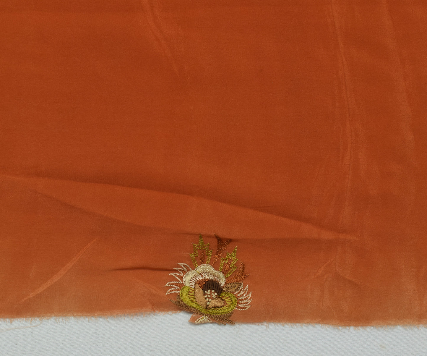 Sushila Vintage Rust Sari Remnant Scrap Pure Crepe Embroidered Craft Fabric