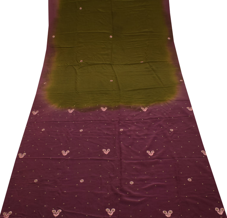 Sushila Vintage Green Sari Remnant Scrap Pure Crepe Hand Beaded Craft Fabric