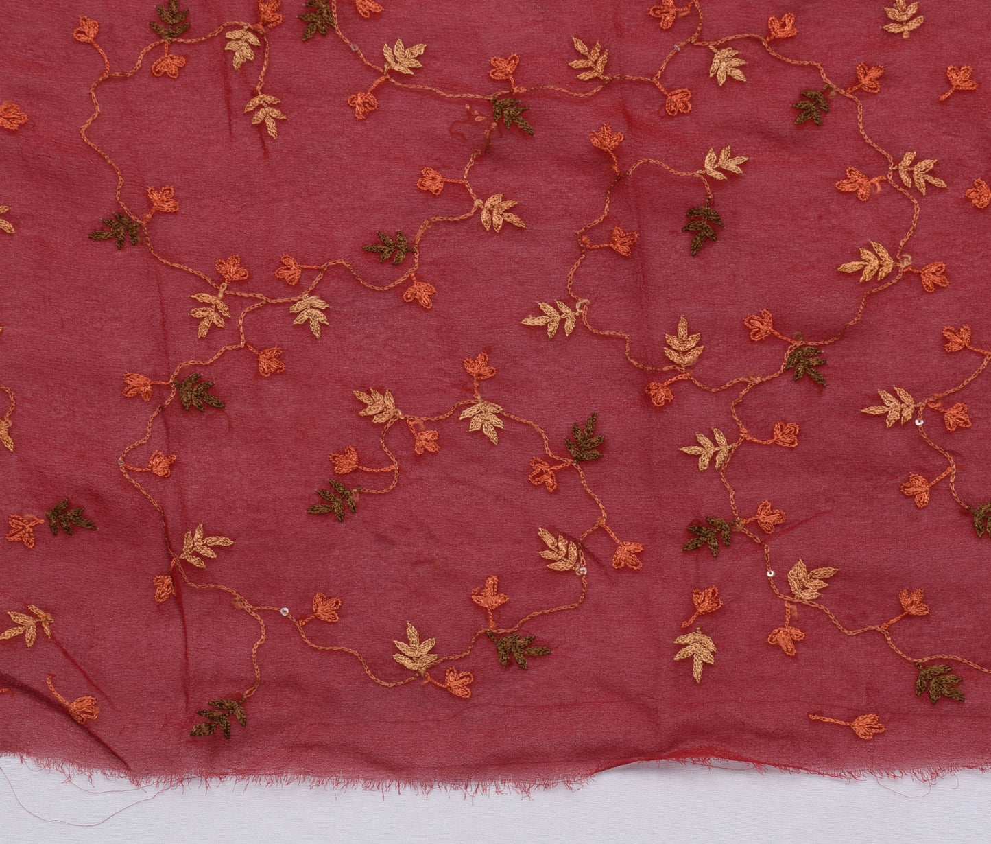 Sushila Vintage Red Sari Remnant Scrap Pure Georgette Embroidered Craft Fabric