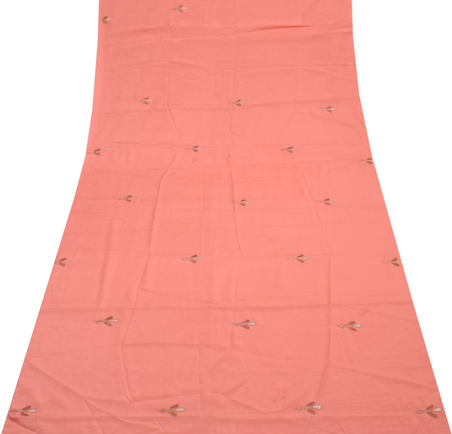 Sushila Vintage Peach Sari Remnant Scrap Blend Silk Embroidered Craft Fabric