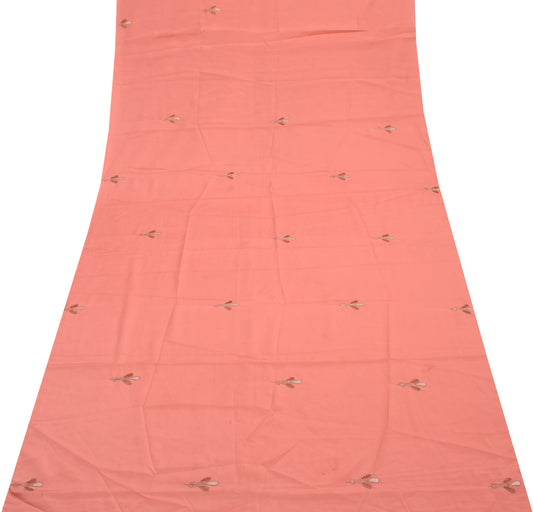 Sushila Vintage Peach Sari Remnant Scrap Blend Silk Embroidered Craft Fabric