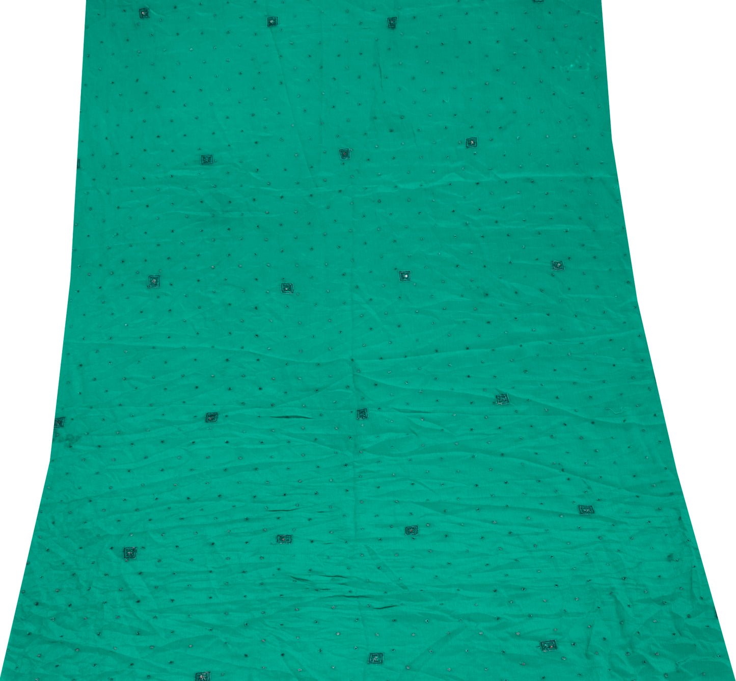 Sushila Vintage Green Sari Remnant Scrap Pure Chiffon Embroidered Craft Fabric