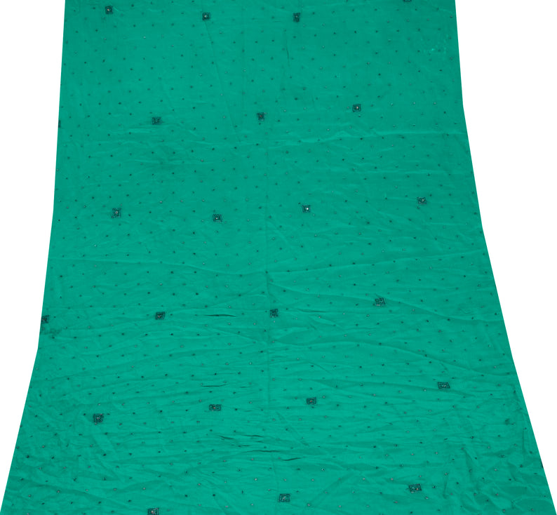 Sushila Vintage Green Sari Remnant Scrap Pure Chiffon Embroidered Craft Fabric