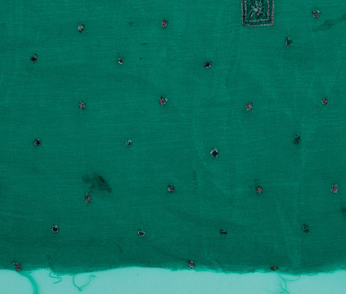 Sushila Vintage Green Sari Remnant Scrap Pure Chiffon Embroidered Craft Fabric