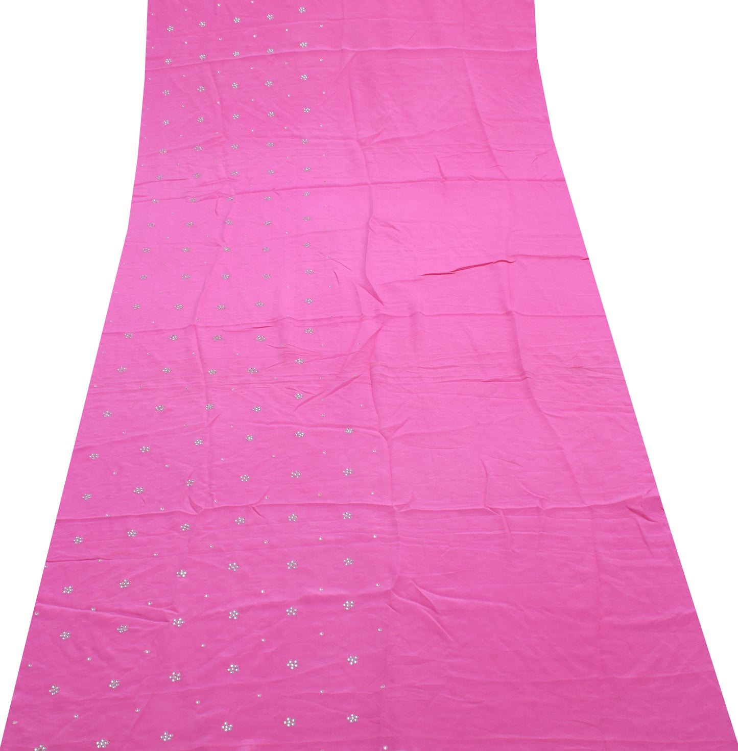 Sushila Vintage Pink Sari Remnant Scrap Pure Crepe Silk Beaded Craft Fabric