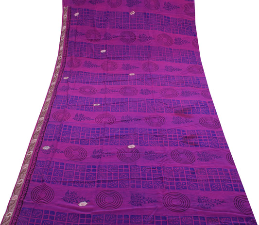 Sushila Vintage Purple Sari Remnant Scrap Pure Crepe Silk Printed Craft Fabric