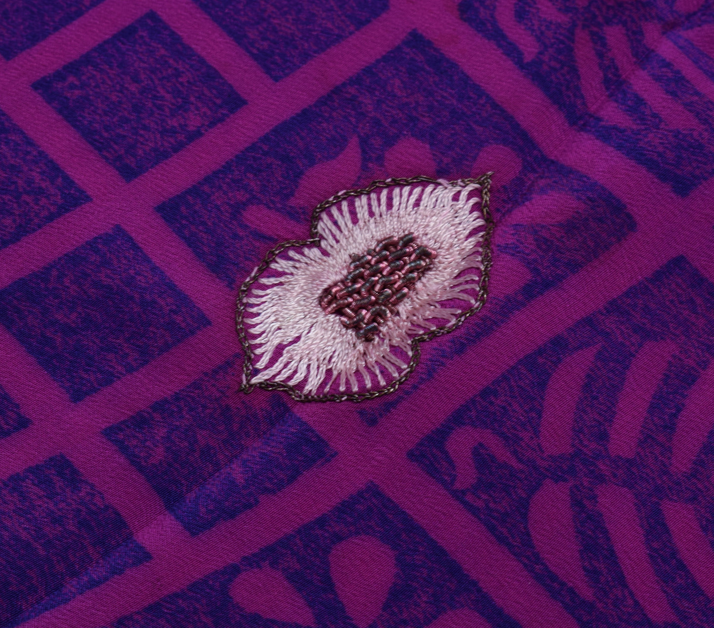 Sushila Vintage Purple Sari Remnant Scrap Pure Crepe Silk Printed Craft Fabric