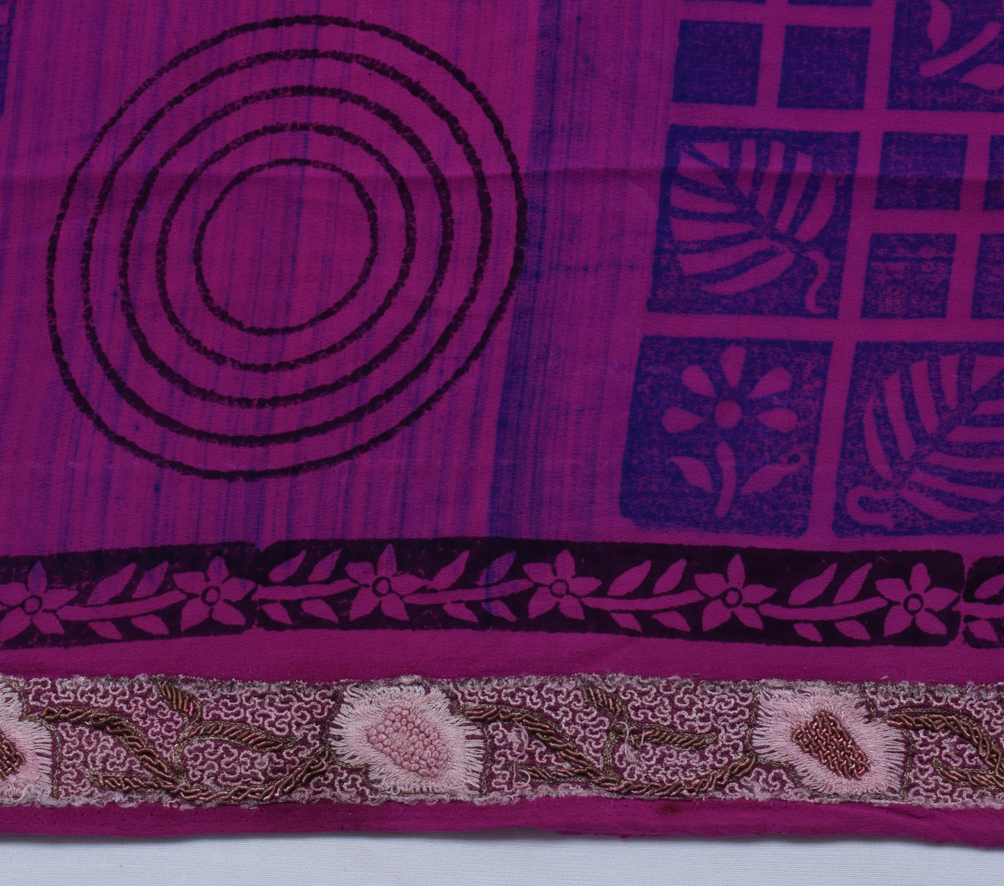 Sushila Vintage Purple Sari Remnant Scrap Pure Crepe Silk Printed Craft Fabric