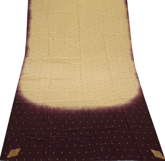 Sushila Vintage Cream Sari Remnant Scrap Pure Crepe Hand Embroidery Craft Fabric