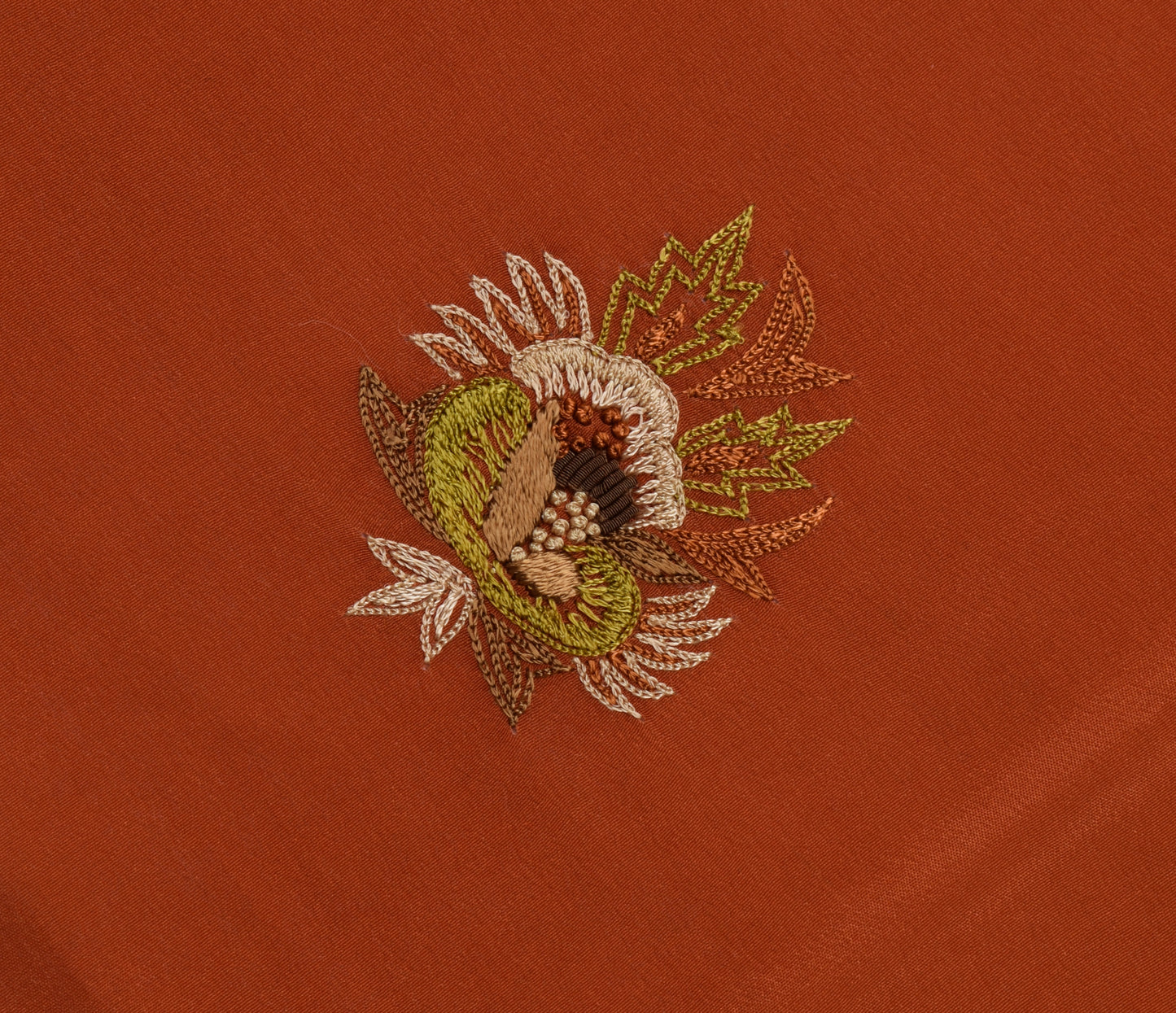 Sushila Vintage Rust Sari Remnant Scrap Pure Crepe Hand Embroidered Craft Fabric