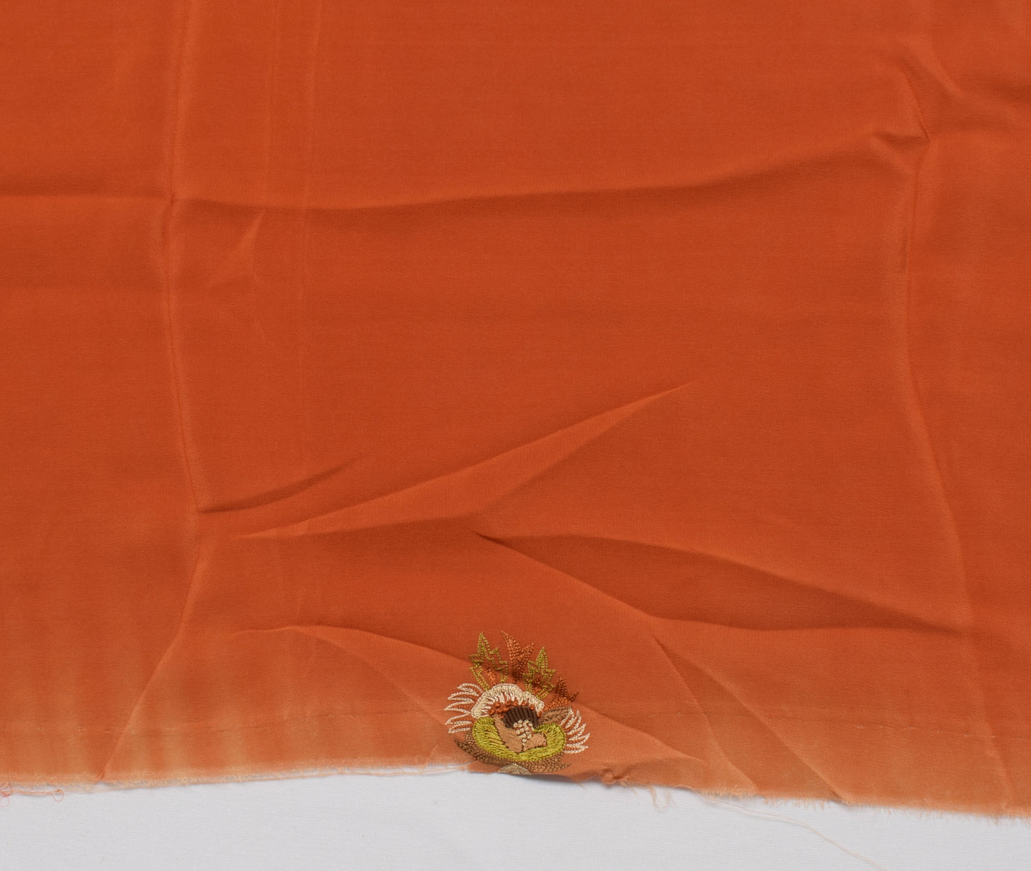 Sushila Vintage Rust Sari Remnant Scrap Pure Crepe Hand Embroidered Craft Fabric