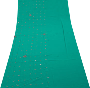Sushila Vintage Teal Green Sari Remnant Scrap Blend Crepe Hand Beaded Fabric