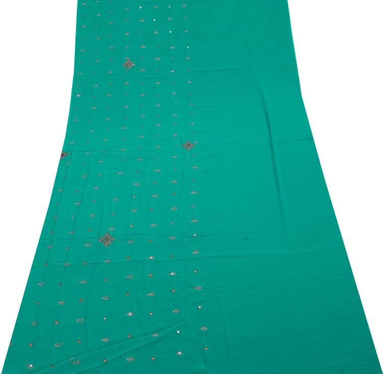 Sushila Vintage Teal Green Sari Remnant Scrap Blend Crepe Hand Beaded Fabric