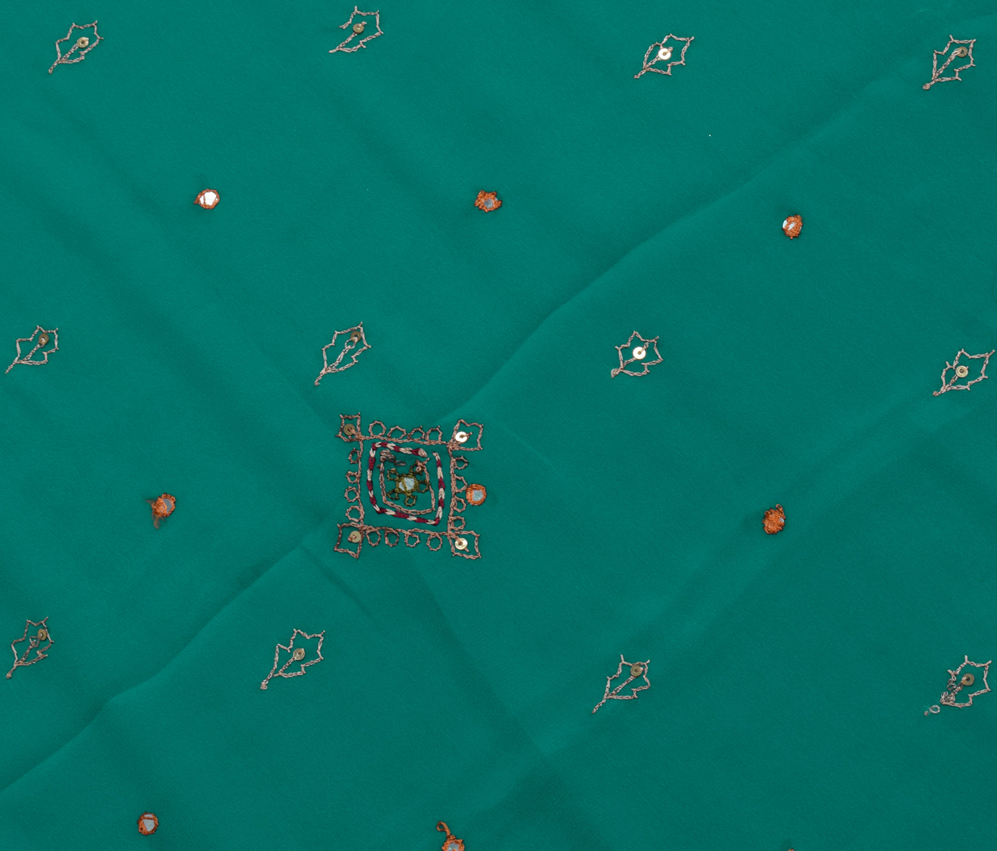 Sushila Vintage Teal Green Sari Remnant Scrap Blend Crepe Hand Beaded Fabric