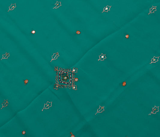 Sushila Vintage Green Sari Remnant Scrap Blend Crepe Hand Beaded Craft Fabric
